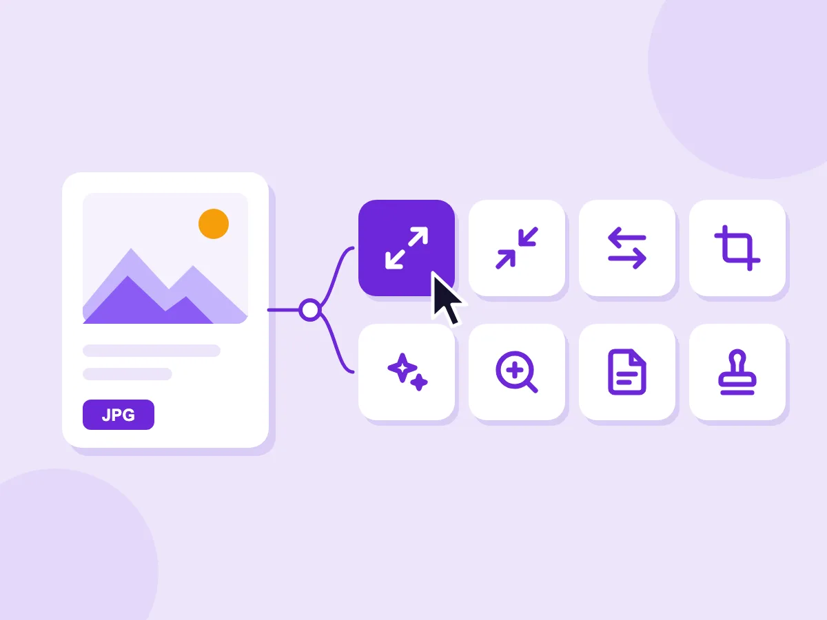 Uma foto JPG enviada se expande em oito ferramentas: redimensionar, comprimir, converter, cortar, remover fundo, aumentar resolução, criar PDF e adicionar marca d'água