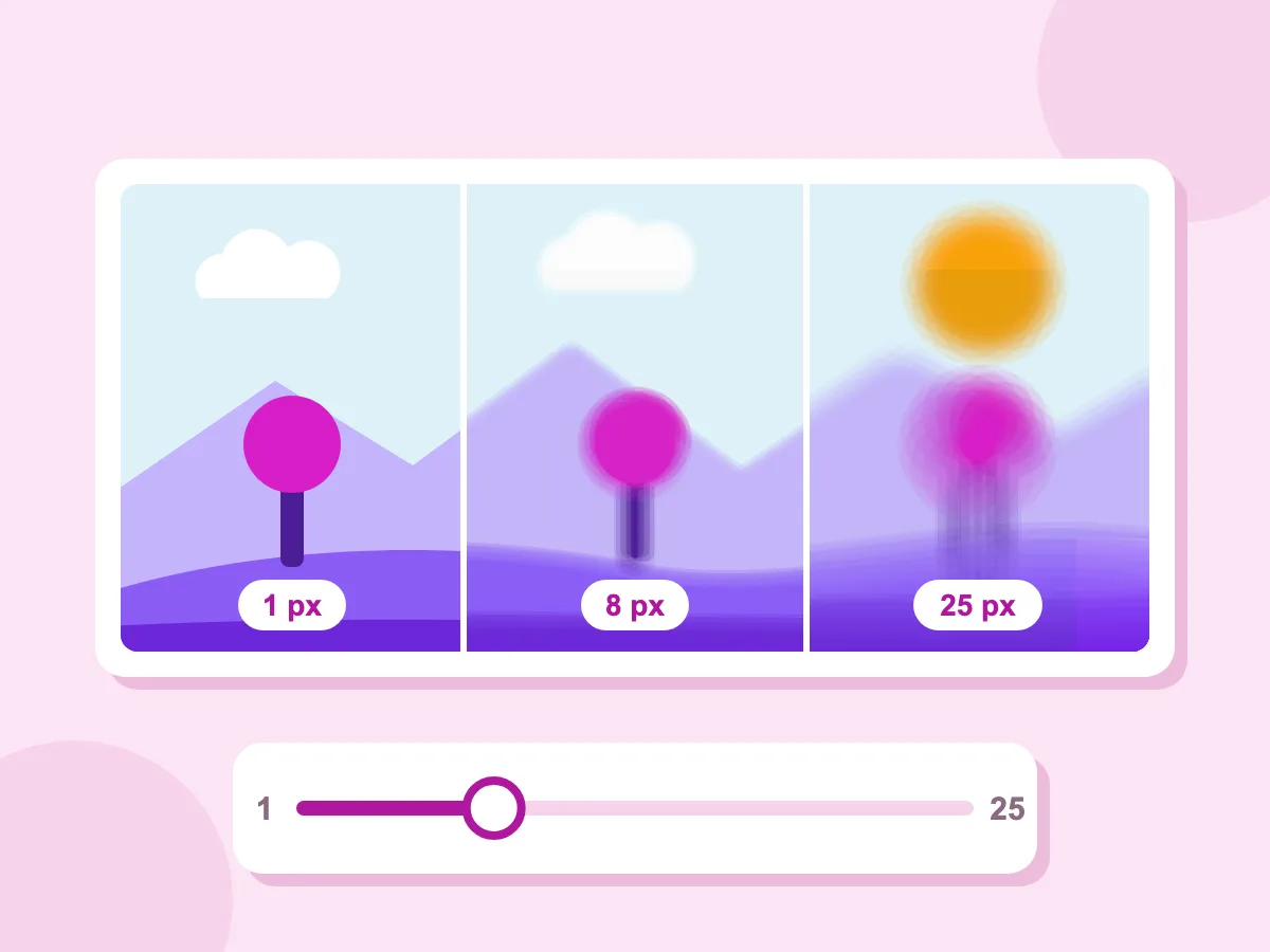 이미지 흐림 강도: 1px, 8px, 25px로 흐려진 풍경 사진과 1~25 범위의 슬라이더