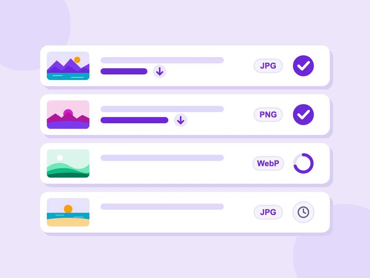 Bulk image compressor file list: rows show the status and a shorter new-size bar for each JPG, PNG or WebP