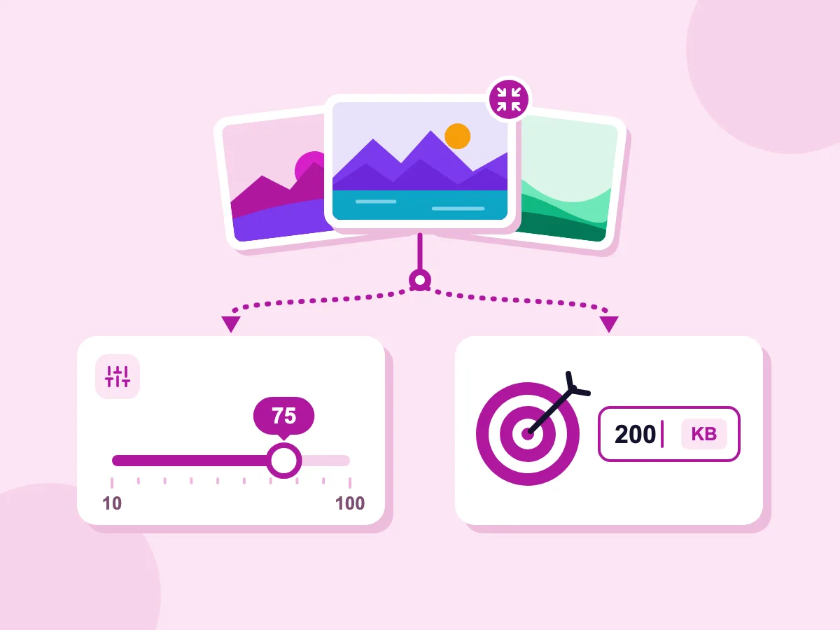 Bulk image compressor settings: a quality slider set to 75, or a target file size typed as 200 KB