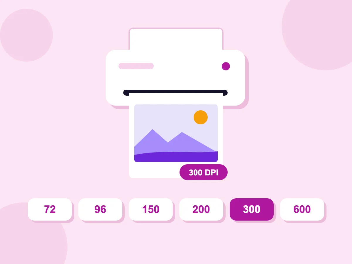 Change DPI with presets: 72, 96, 150, 200, 300 and 600, with 300 picked and a photo printing at 300 DPI