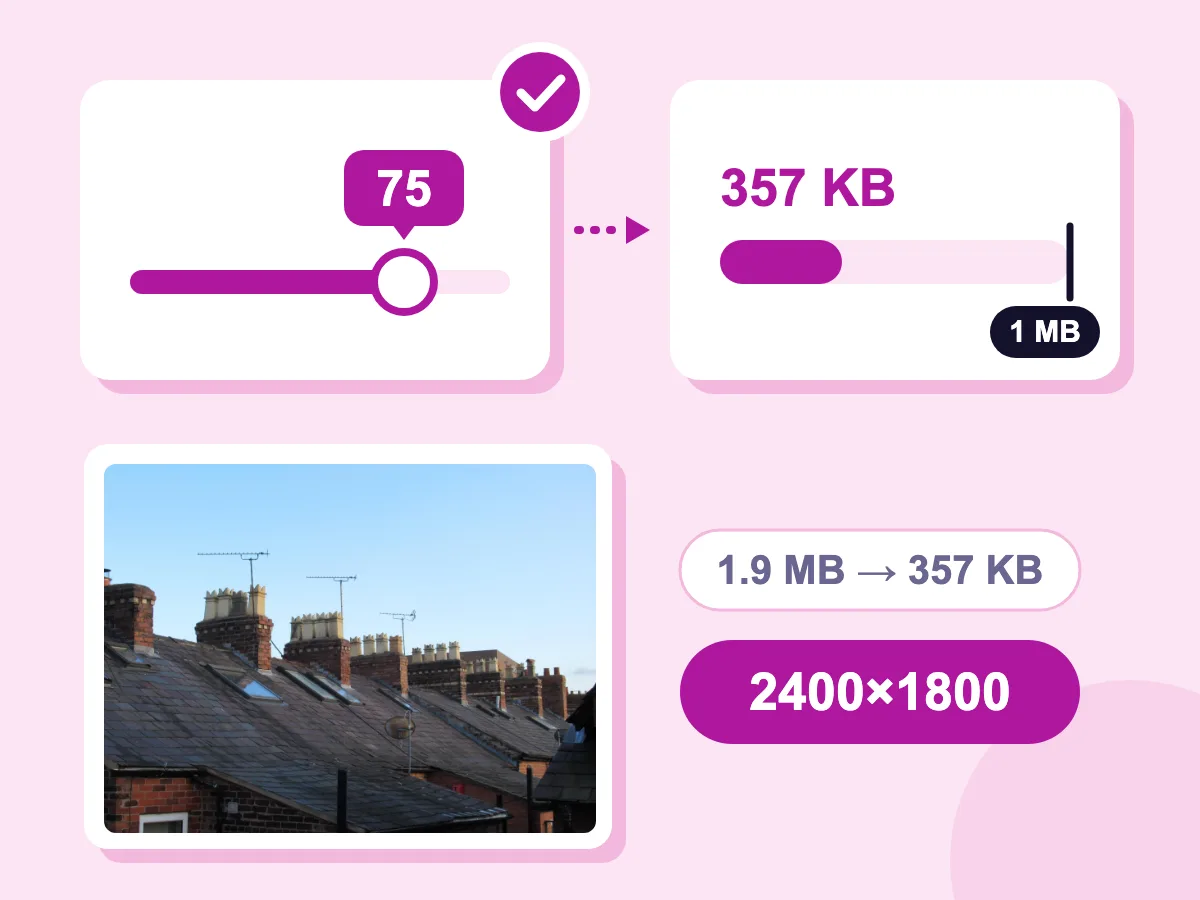 Comprimir imagen a 1MB: el primer guardado con calidad 75 ya cabe, así que la foto de azotea se mantiene en 2400×1800 con 357 KB