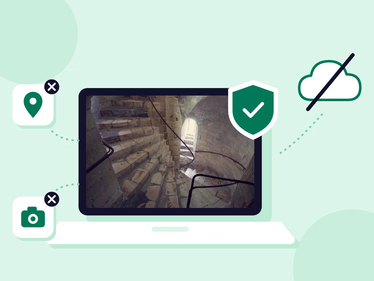 Compress image to 200KB on your laptop: the staircase photo stays local, and location and camera data are removed by default