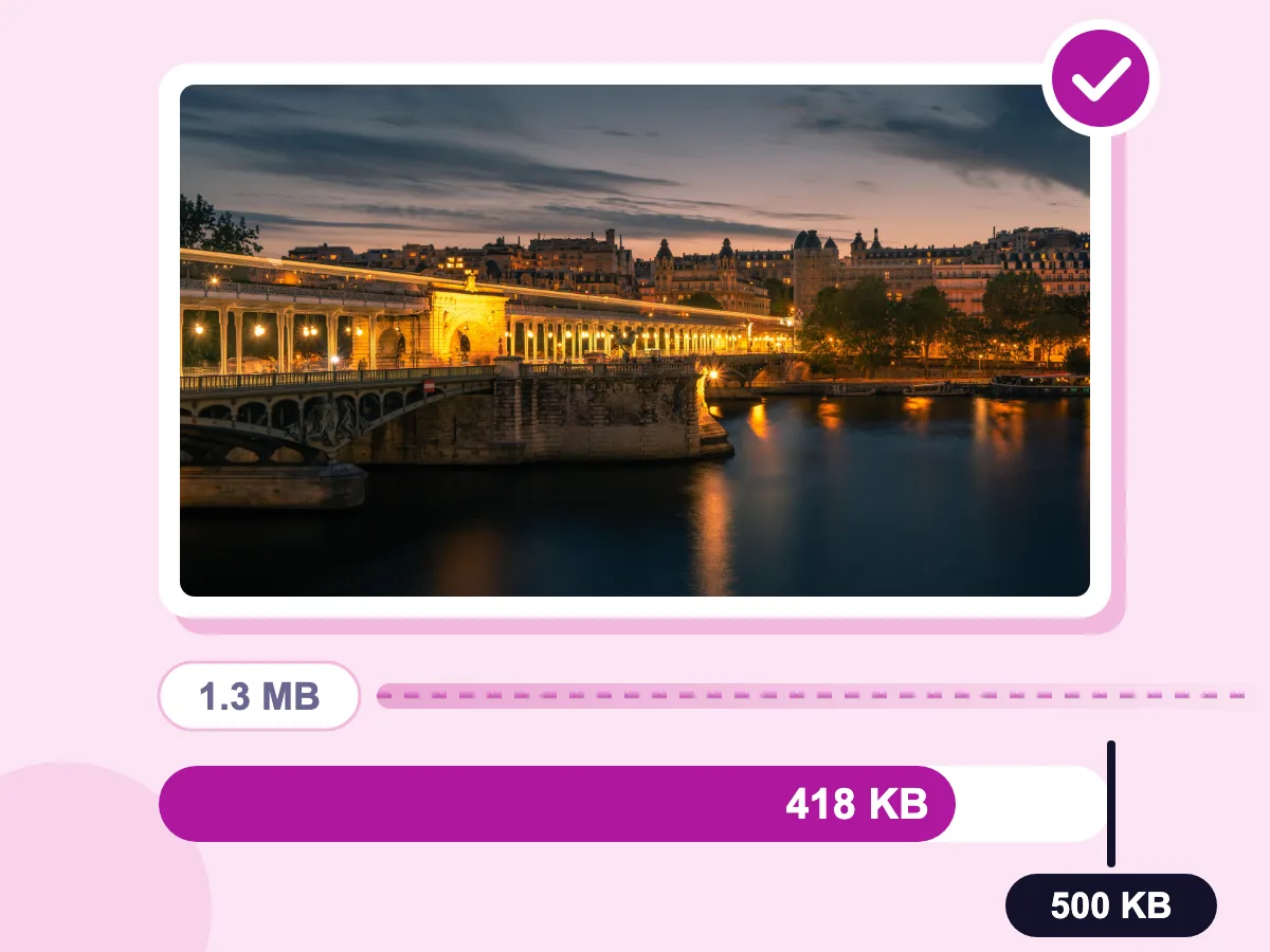 Comprimir imagen a 500KB: una foto nocturna de un puente de 1.3 MB guardada en 418 KB, llenando casi toda una barra de presupuesto de 500 KB