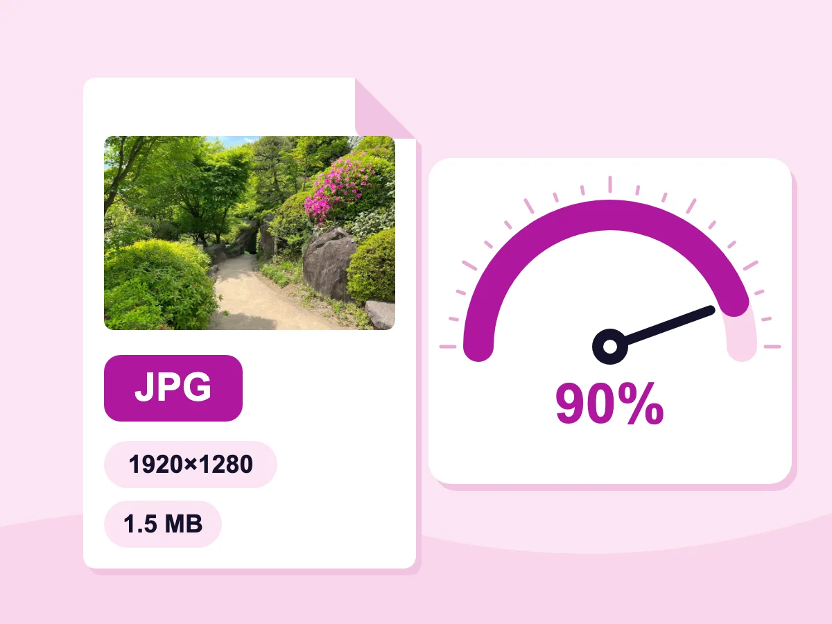 HEIC to JPG quality: a JPG quality gauge at 90% and the converted garden path photo, 1920×1280 and 1.5 MB