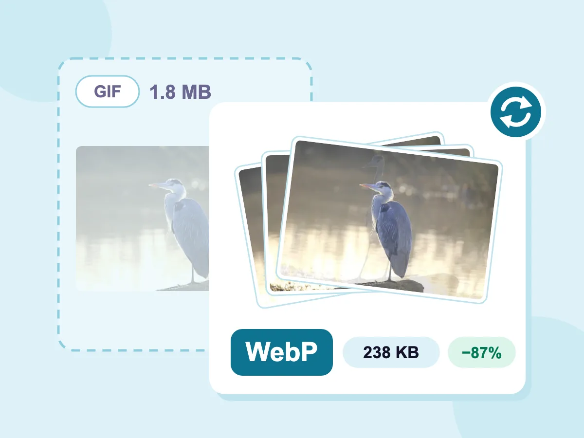 Compresor de GIF guardando como WebP animado: fotogramas de una garza en una tarjeta WebP de 238 KB, frente al GIF de 1.8 MB