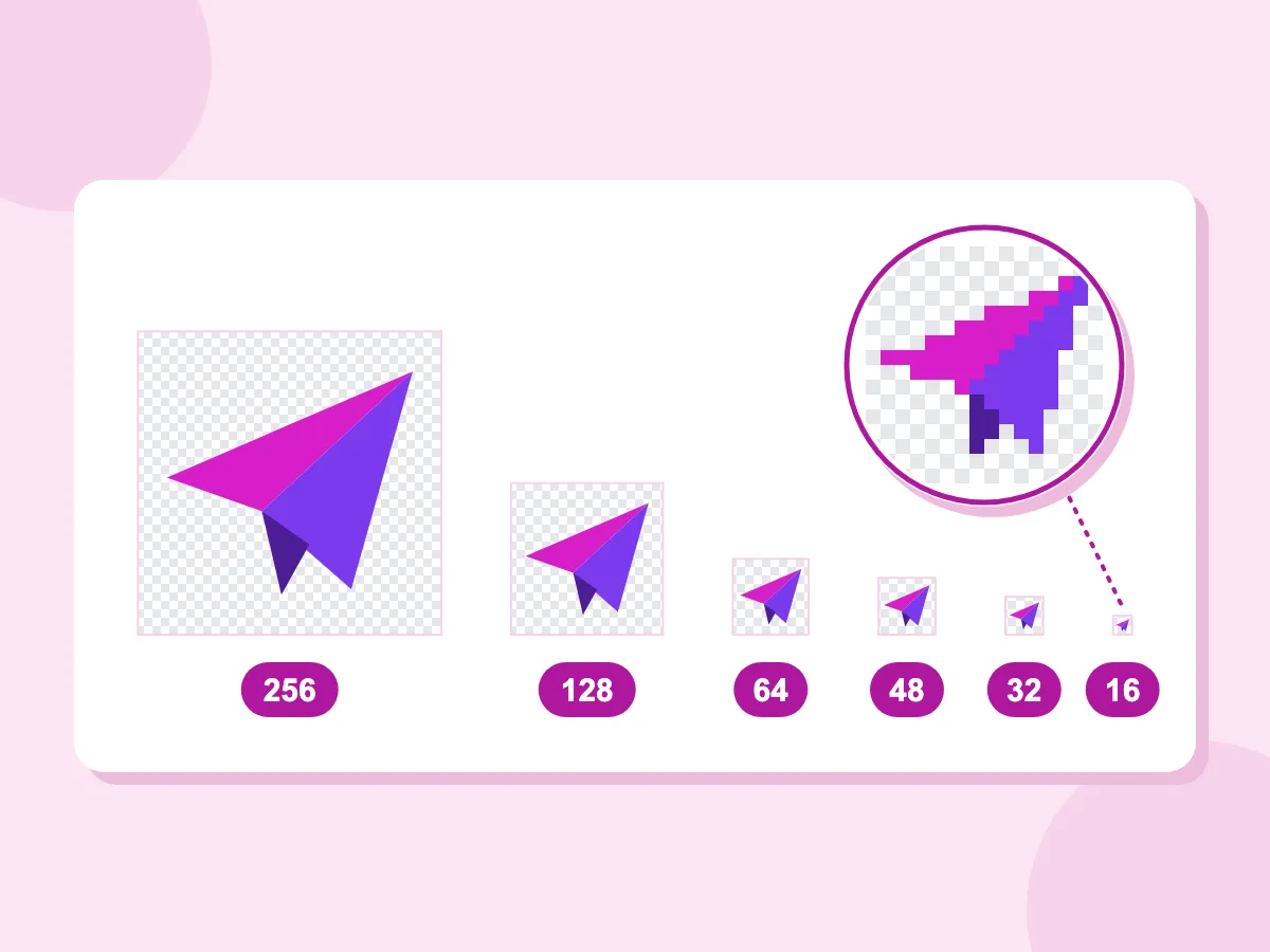 PNG to ICO converter sizes: a paper plane icon at 256, 128, 64, 48, 32 and 16 px on a see-through background
