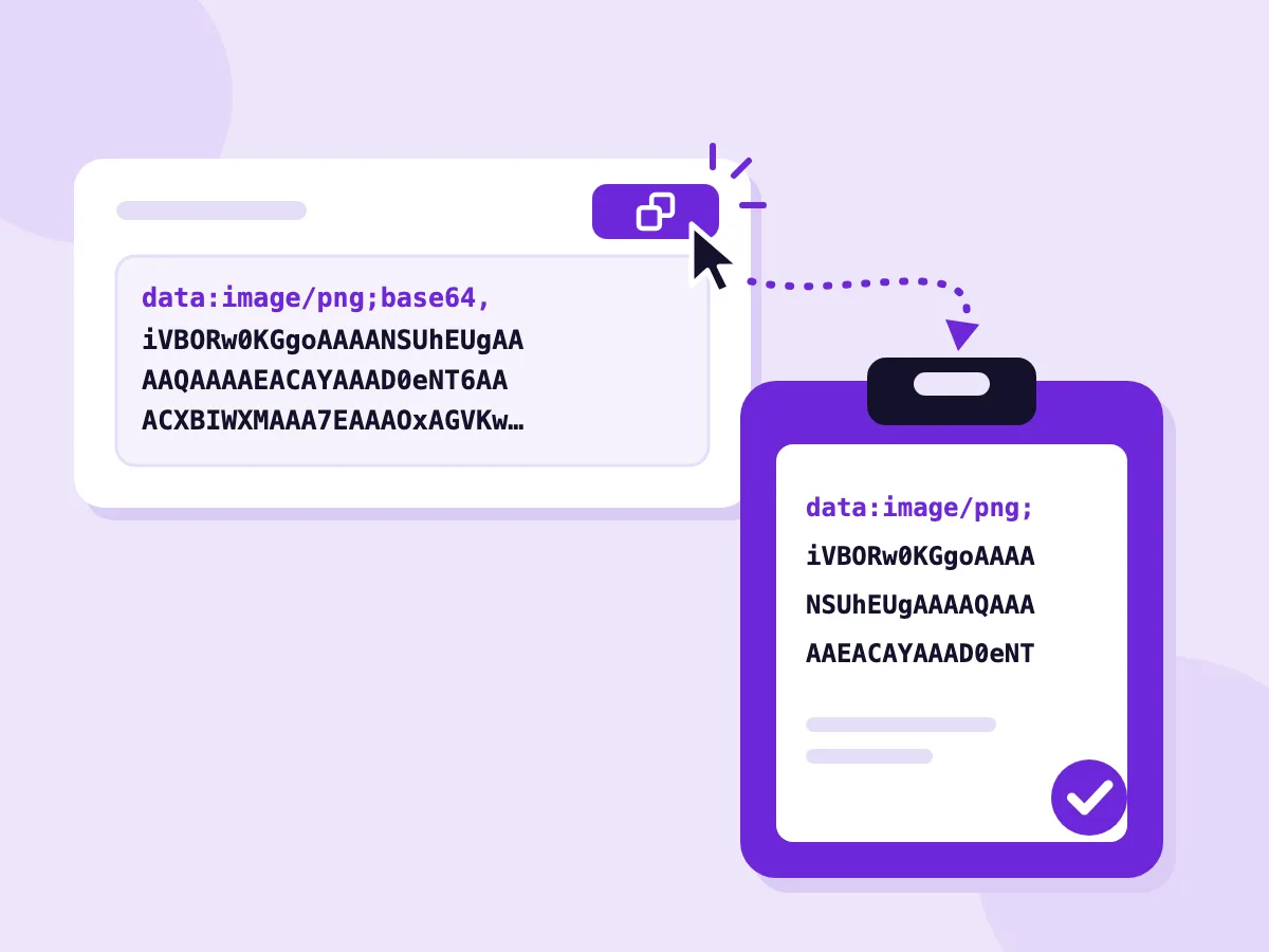 Imagem para Base64 com cópia em um clique: um botão Copiar clicado, e a string data URI chegando a uma área de transferência