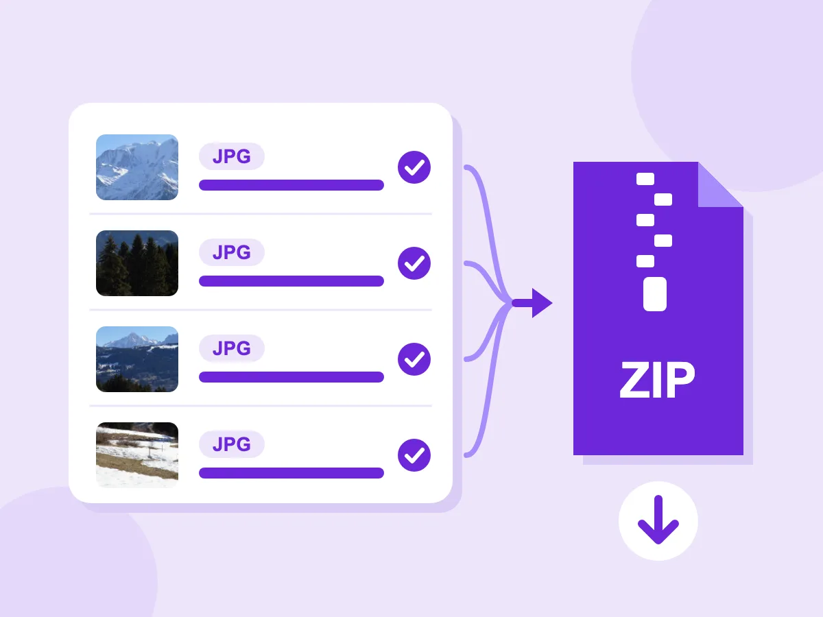 Comprimir archivos JPEG en lote: cuatro fotos JPG terminadas en una lista que se combinan en una descarga ZIP