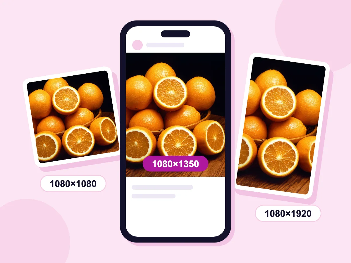 Resize image for Instagram: one orange photo at 1080×1080, 1080×1350 and 1080×1920 from the three size presets