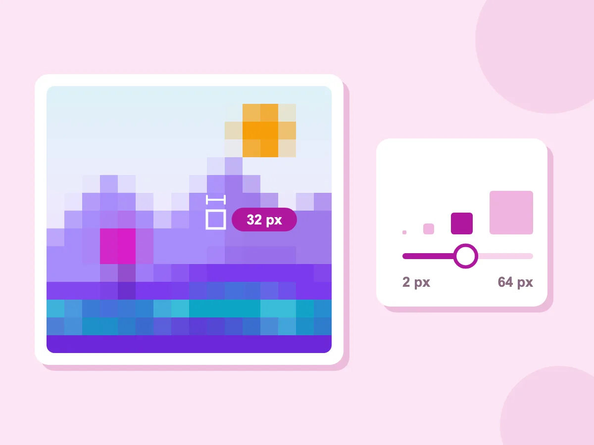모자이크 이미지 블록 크기: 32px로 표시된 큰 블록으로 처리된 풍경 사진과 2~64px 범위의 눈금