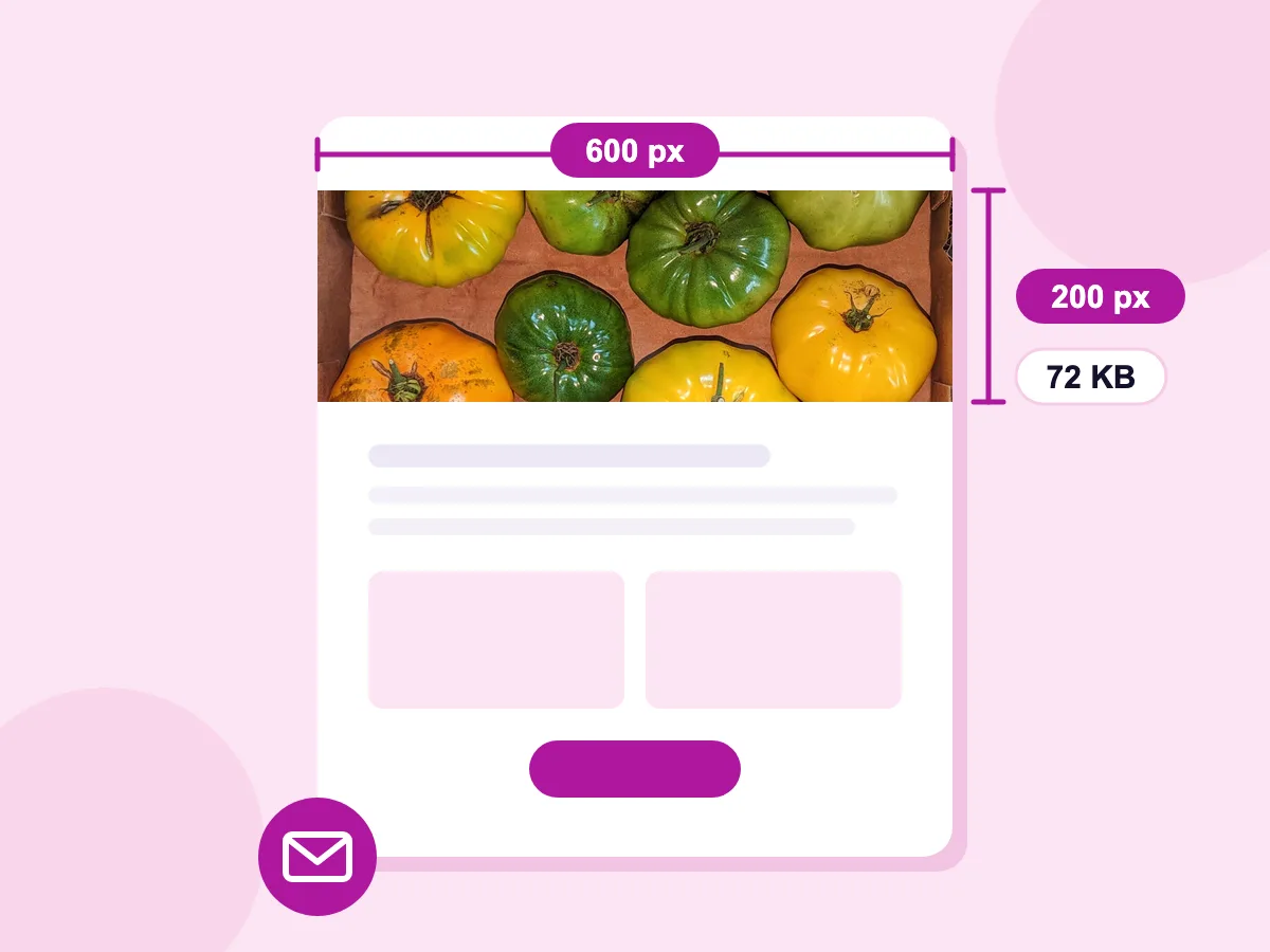 Redimensionar imagen para email: encabezado de tomate de 600×200, 72 KB, en la parte superior de una columna de boletín de 600 px